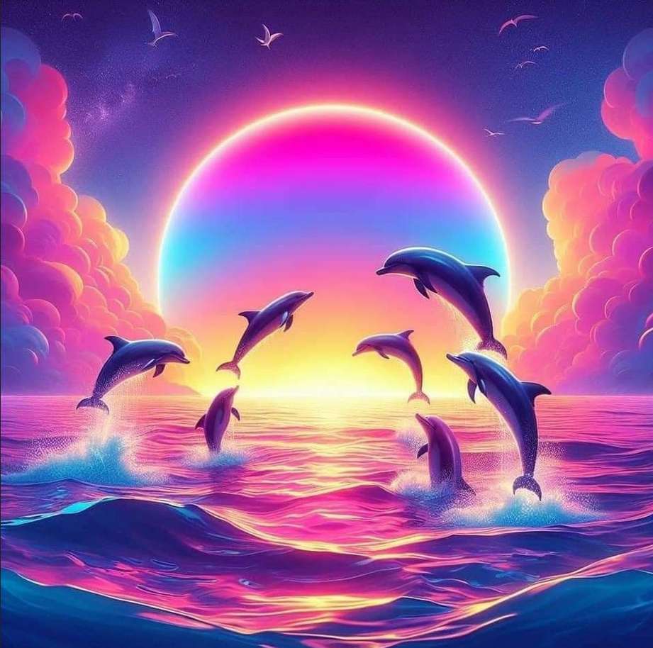 δελφίνια στο θαλάσσιο φεγγάρι και το ηλιοβασίλεμα online παζλ