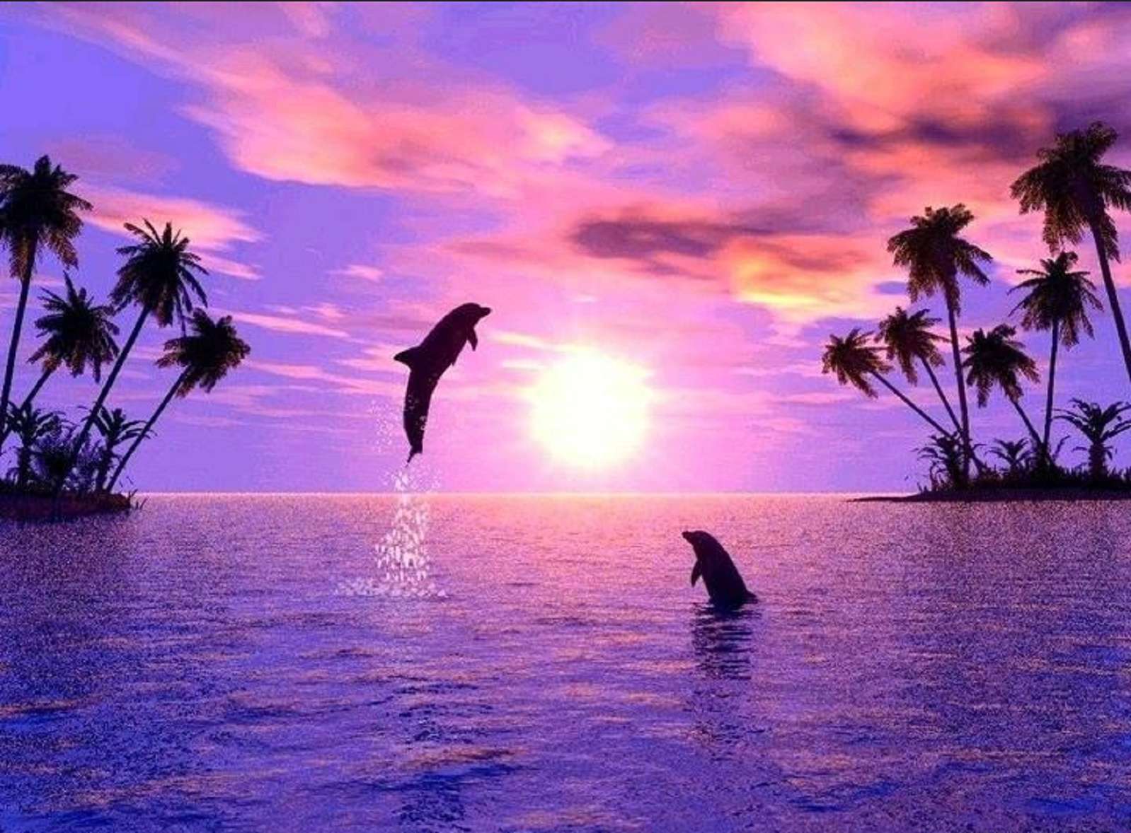 golfinhos no mar, lua e pôr do sol quebra-cabeças online