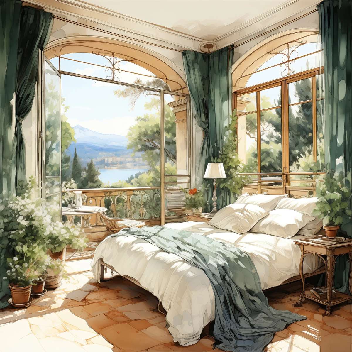 Camera da letto Boho ad acquerello puzzle online