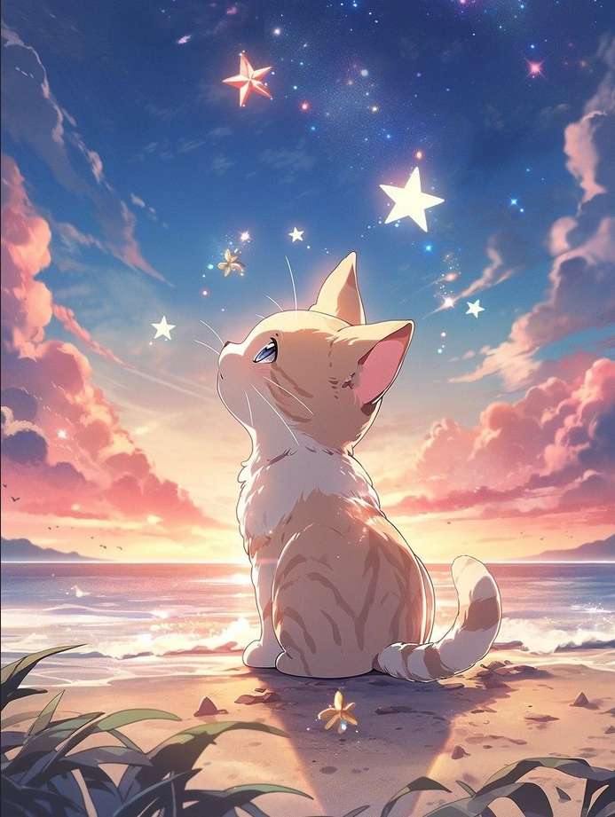 милый котенок смотрит на звездное небо онлайн-пазл