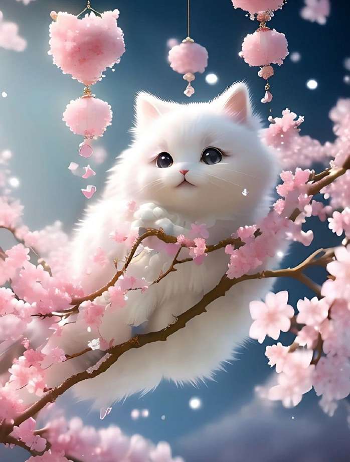 gatinho fofo e flores de cerejeira puzzle online