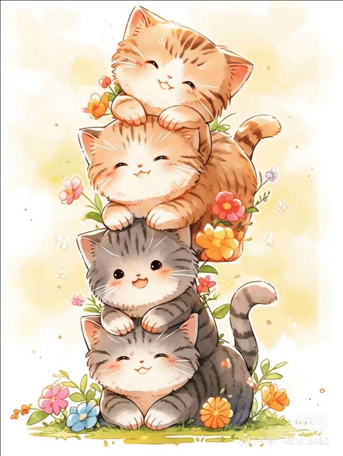 4 匹のかわいい子猫と花 ジグソーパズルオンライン