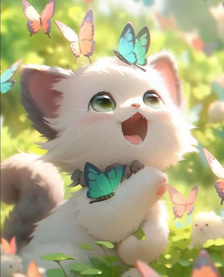 Süßes weißes Kätzchen auf einer Wiese mit Schmetterlingen Puzzlespiel online
