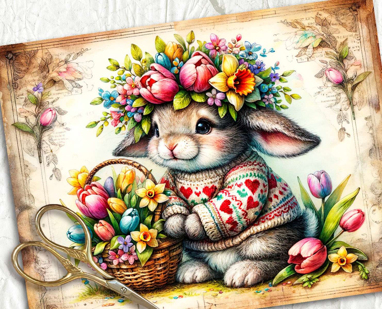Великденски заек с цветя онлайн пъзел