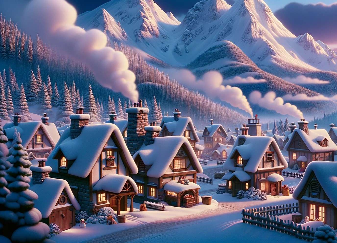 Een dorp bedekt met sneeuw legpuzzel online
