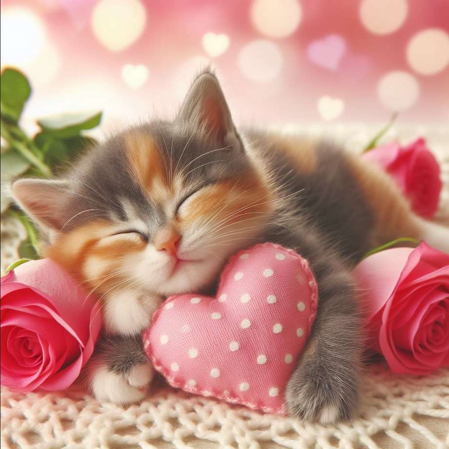 spící kotě se srdcem a růžemi skládačky online