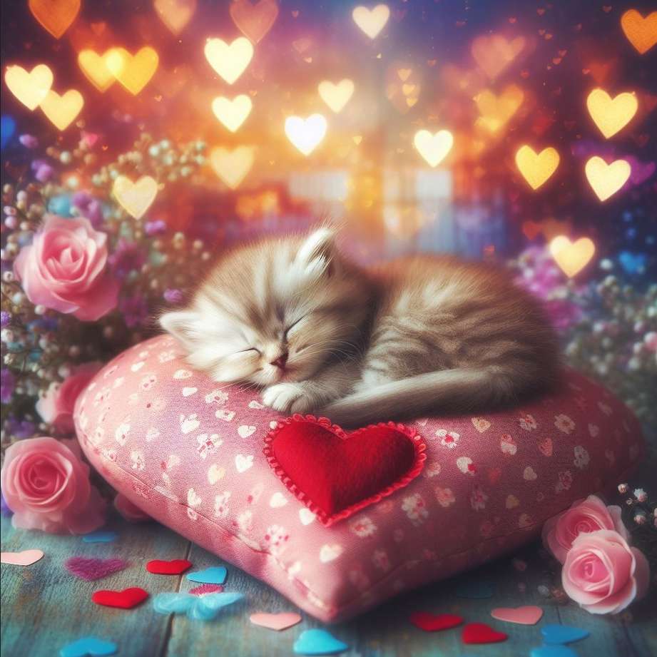 sovande kattunge med hjärta och rosor Pussel online