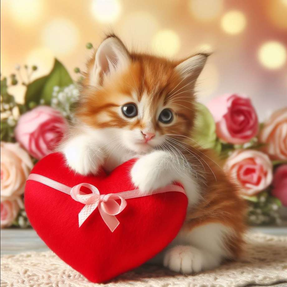 Kätzchen mit Herz und Rosen Valentinstaggeschenke Puzzlespiel online