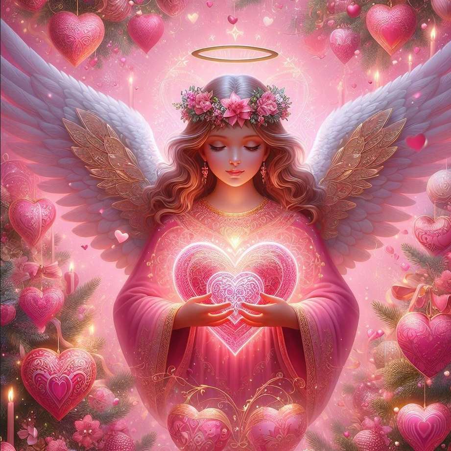 Valentijnsdag geest. Mooie engel met hart legpuzzel online