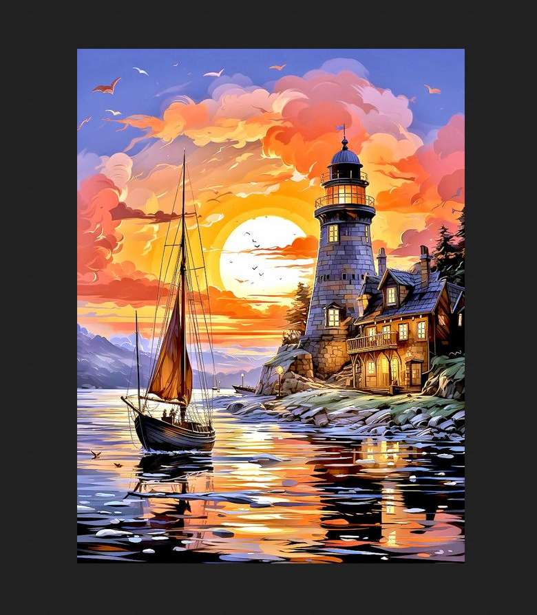 όμορφος φάρος και πλοίο, ηλιοβασίλεμα παζλ online