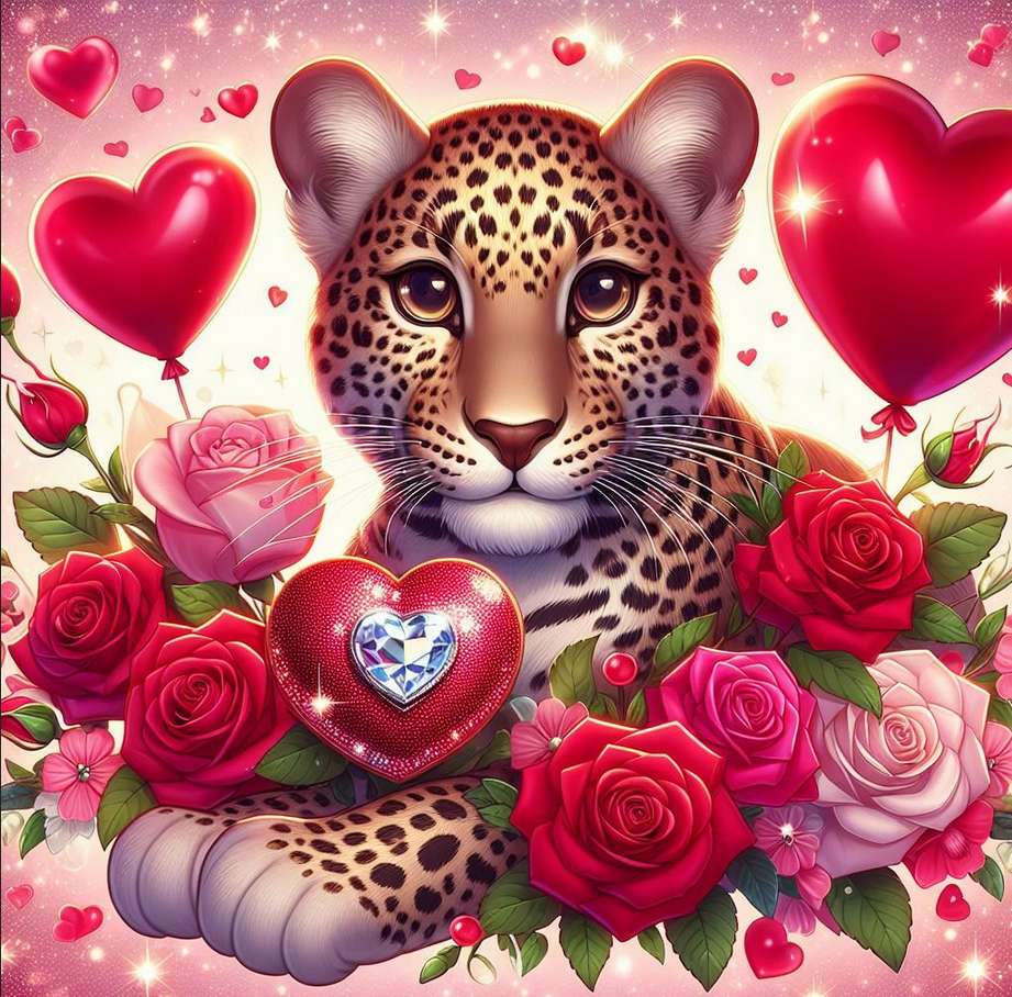 cute cheetah and hearts, roses balloons jigsaw puzzle online