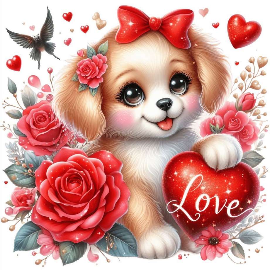 γλυκό σκυλί του Αγίου Βαλεντίνου με καρδιά και τριαντάφυλλα online παζλ
