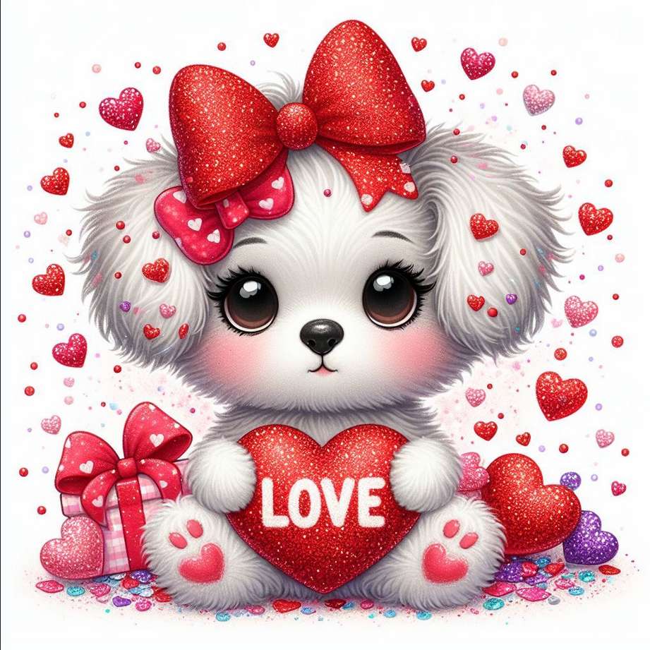 édes Valentin kutya szívvel és ajándékkal online puzzle