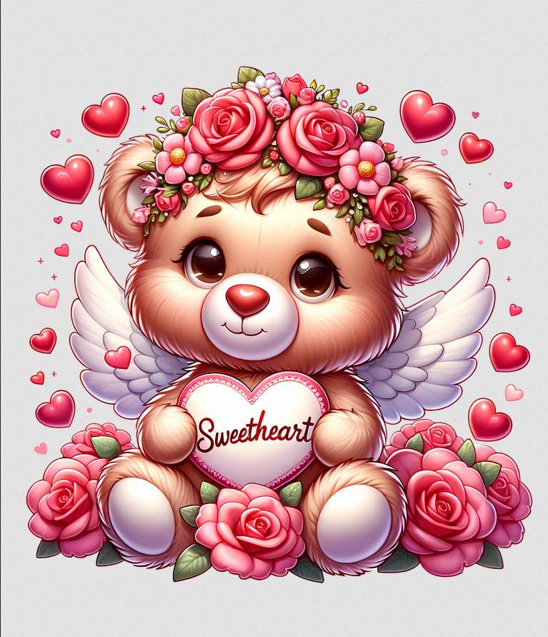 γλυκό αρκουδάκι για την ημέρα του Αγίου Βαλεντίνου με ένα στεφάνι και τριαντάφυλλα παζλ online