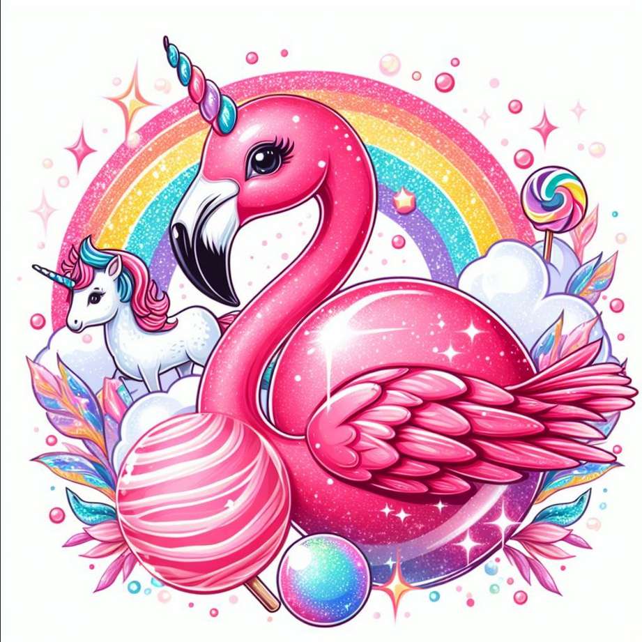 lindo flamenco rosado, unicornio y piruletas rompecabezas en línea