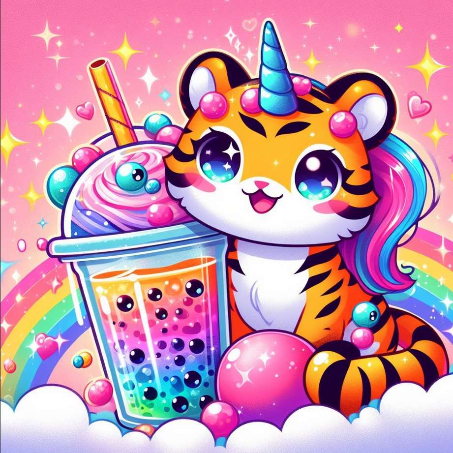 söt tiger och färgglad bubbletea Pussel online
