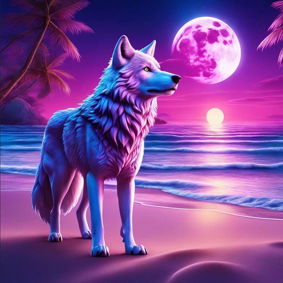 lup și lună frumoasă, insulă tropicală, mare jigsaw puzzle online