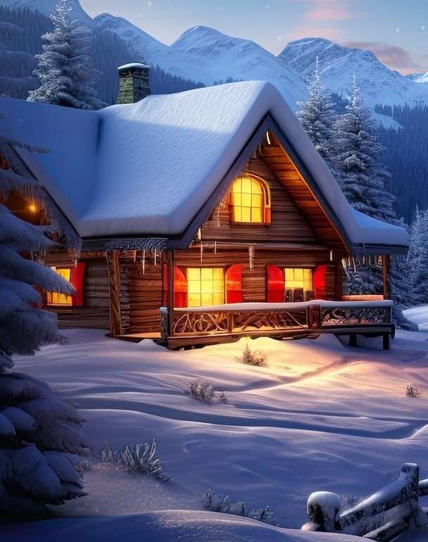 Деревянный коттедж зимой пазл онлайн