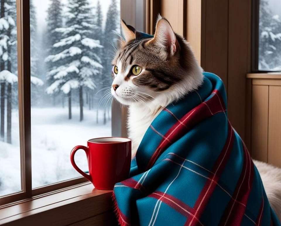 Gatto con una coperta calda puzzle online