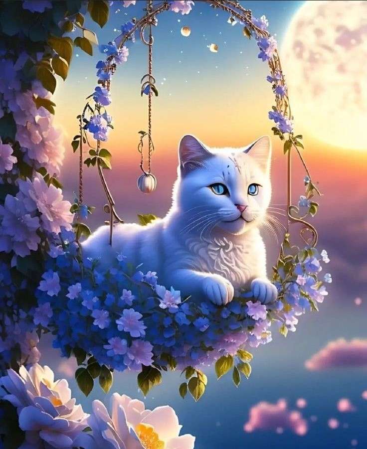 white cat on a swing in the moonlight online puzzle