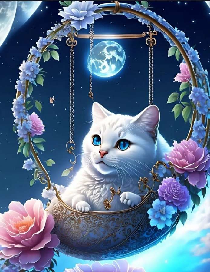 білий кіт на гойдалці в місячному світлі пазл онлайн