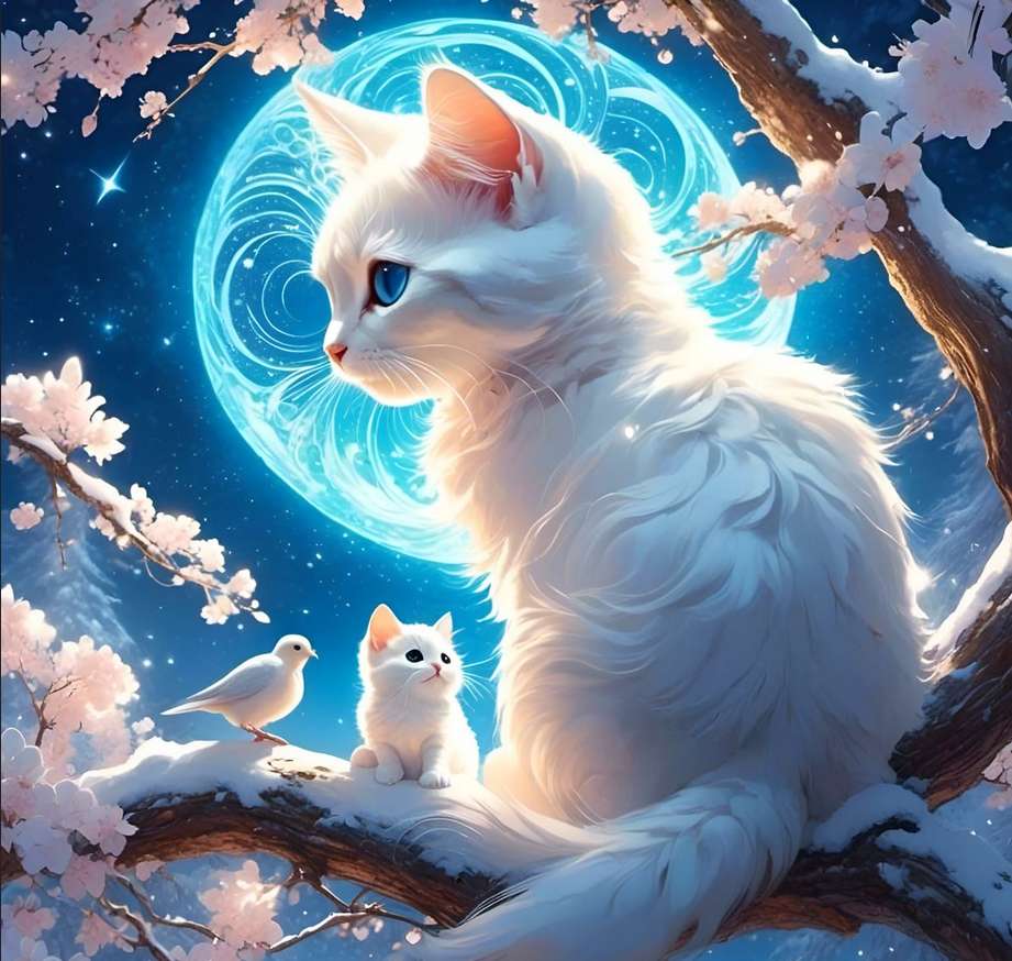 λευκές γάτες σε ένα δέντρο στο φως του φεγγαριού online παζλ