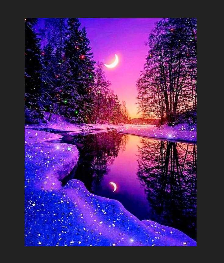 bellissimo tramonto invernale, fiume e luna puzzle online