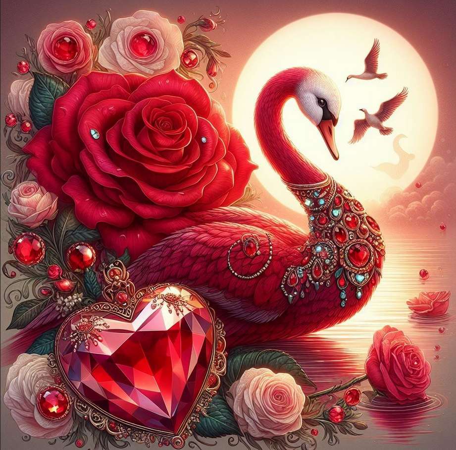 Cisne y luna de San Valentín. rompecabezas en línea