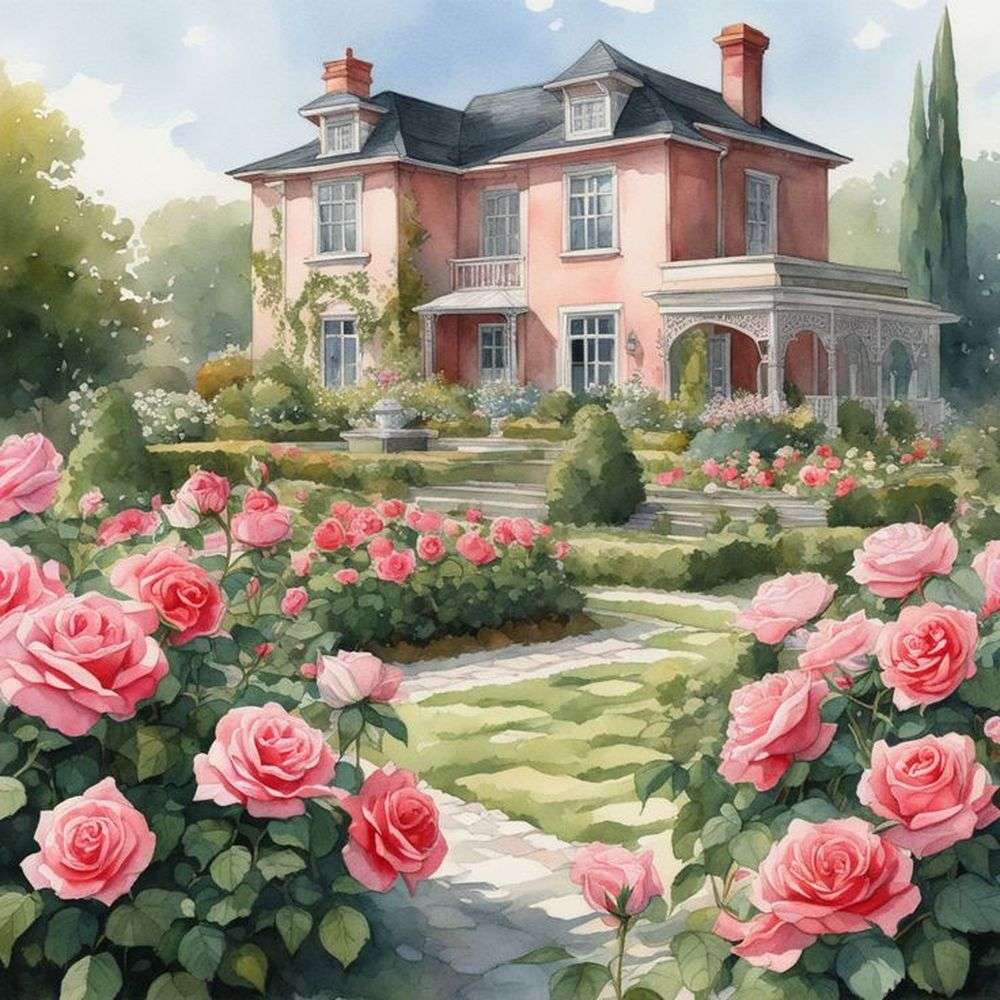 Hermosa casa y jardín de rosas. rompecabezas en línea