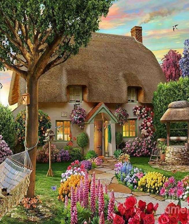 O casă cu acoperiș de paie și grădină jigsaw puzzle online