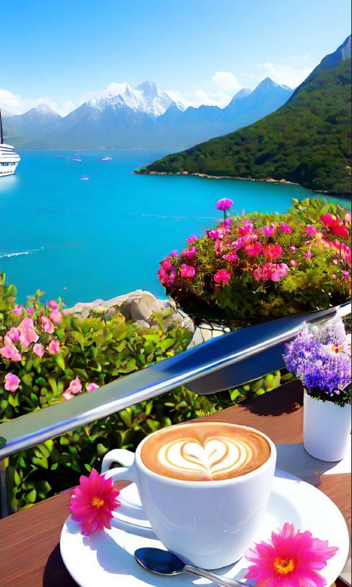απολαυστικός καφές του Αγίου Βαλεντίνου με θέα στα βουνά. online παζλ