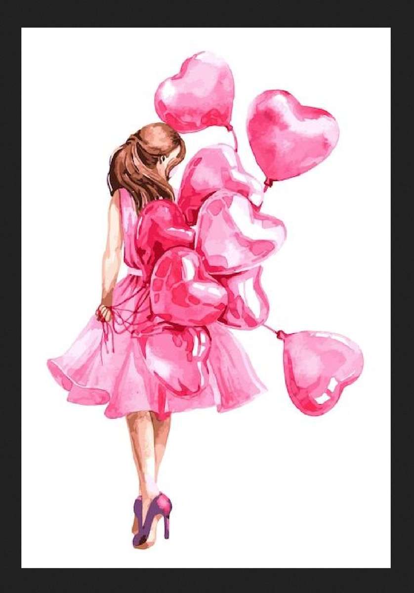 дівчина з повітряними кульками в формі серця онлайн пазл