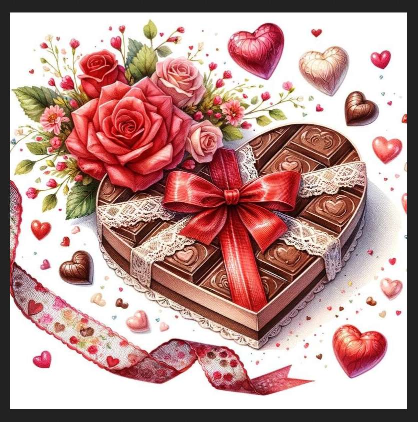 Σοκολατάκια του Αγίου Βαλεντίνου σε κουτί με τριαντάφυλλο παζλ online