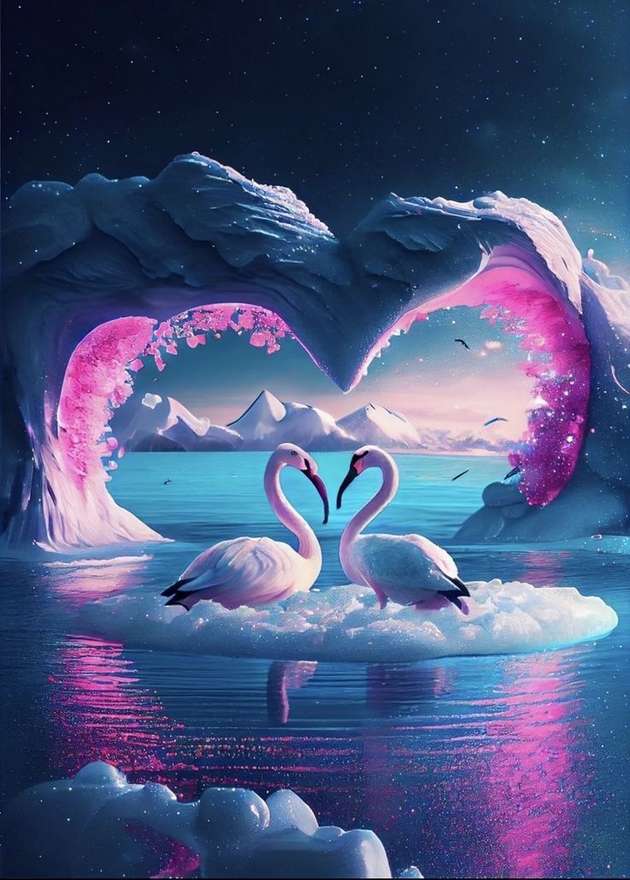красиві лебеді та серце з льоду онлайн пазл