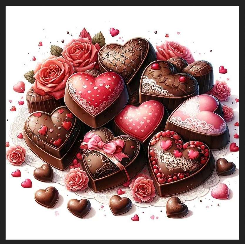 Шоколадови бонбони и рози за Свети Валентин онлайн пъзел