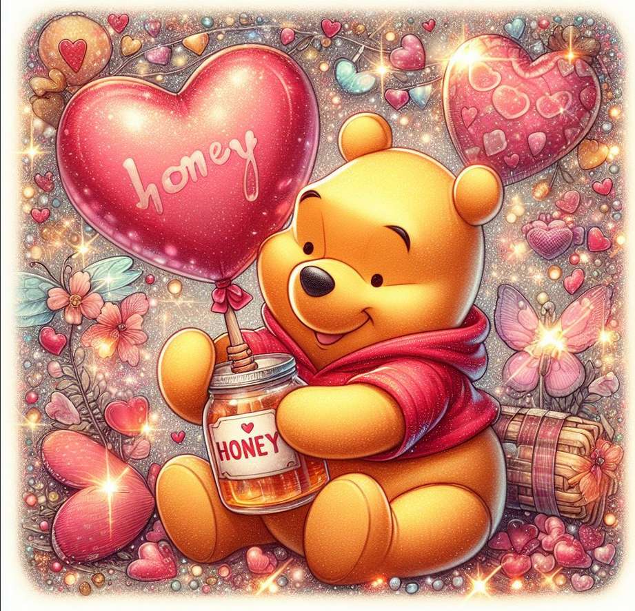 Winnie l'ourson pour la Saint-Valentin, avec un ballon et du miel puzzle en ligne