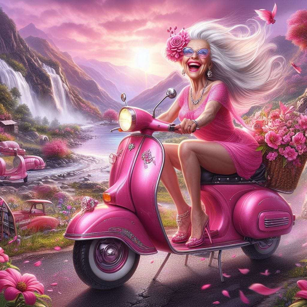 Vecchia signora con i capelli bianchi su uno scooter antico rosa puzzle online