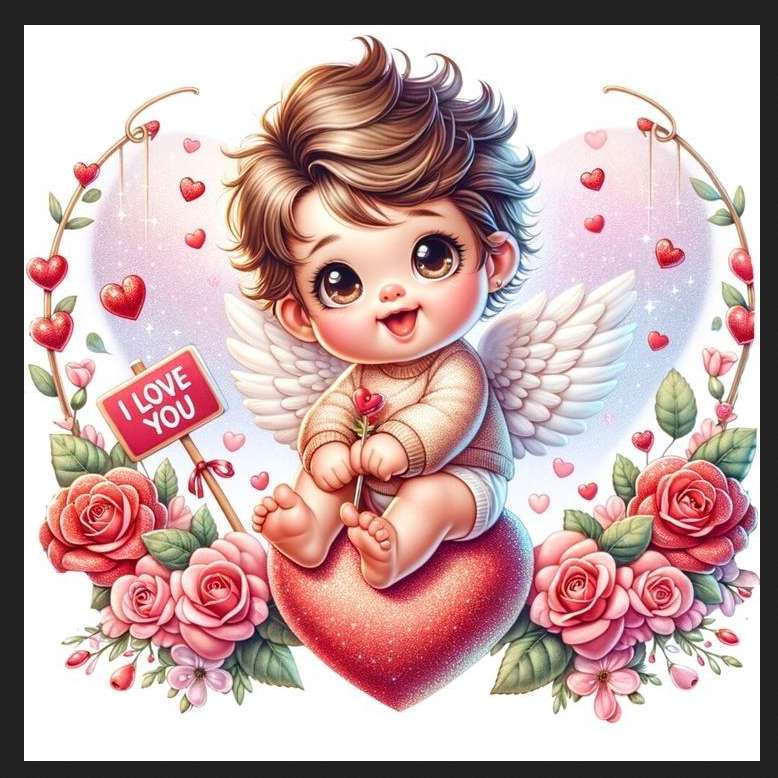 söt valentine cupid sitter på ett hjärta pussel på nätet