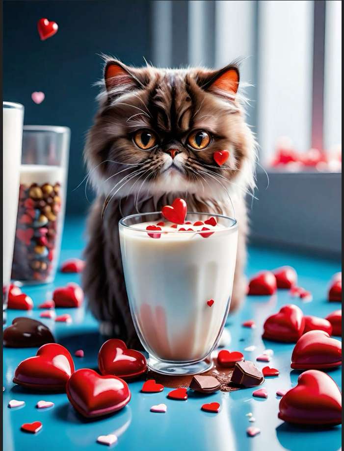 pisicuță drăguță și milkshake de Ziua Îndrăgostiților puzzle online