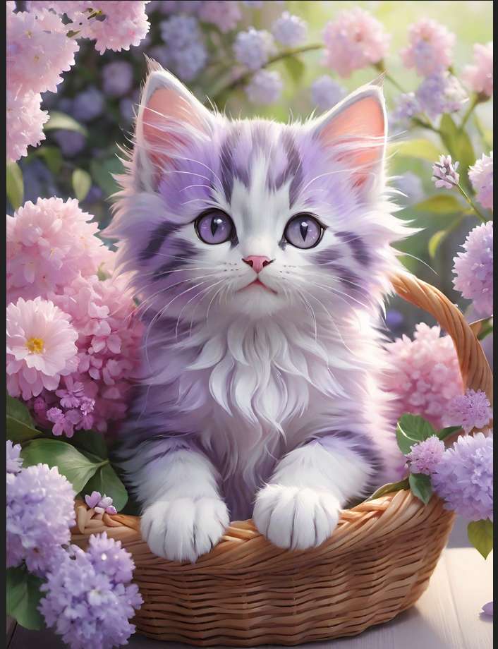 söt lila kattunge i en korg pussel på nätet