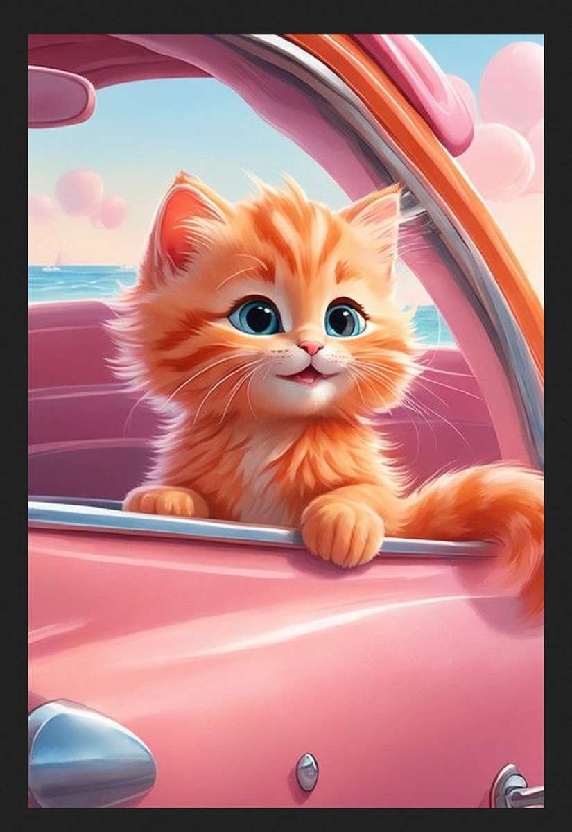 миле риже кошеня в рожевій машині онлайн пазл