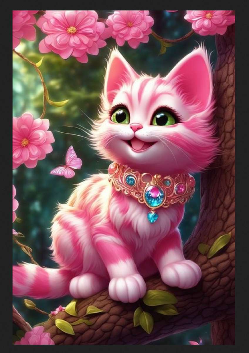 сладко розово коте, усмихнато и розови цветя онлайн пъзел