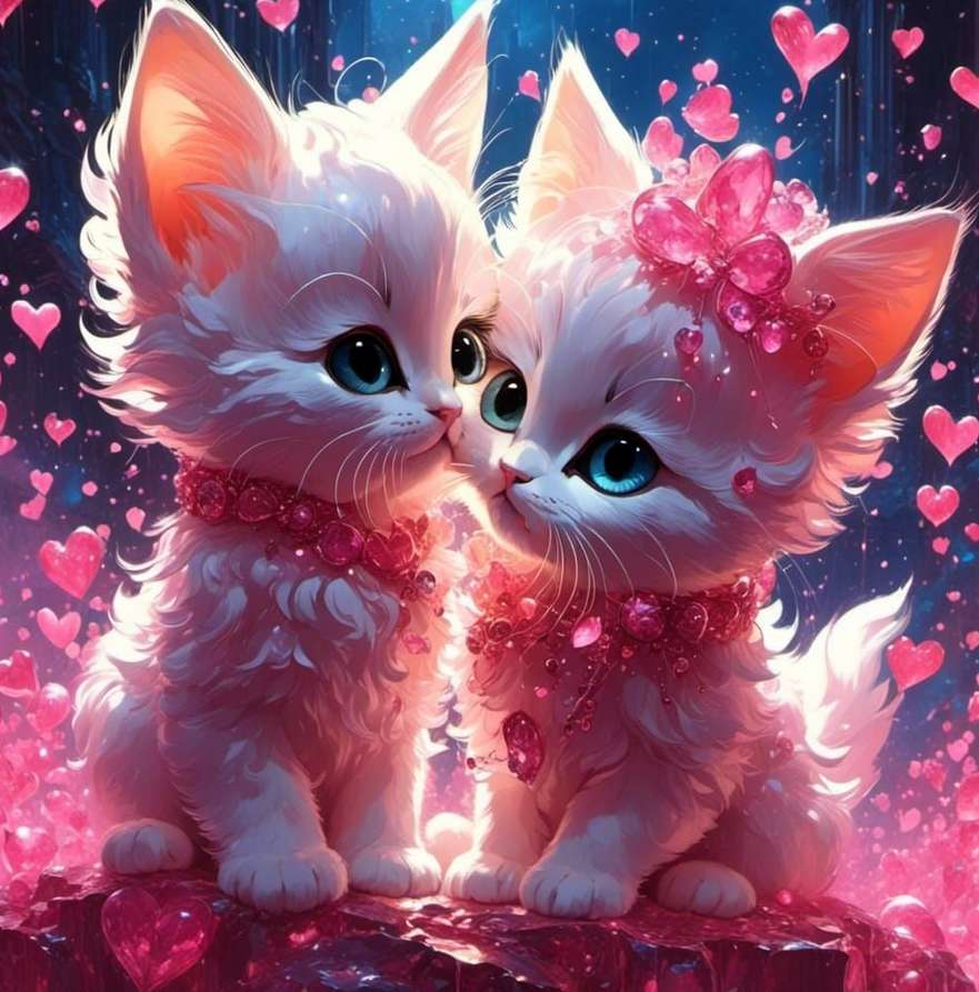 cute white kittens in love and hearts jigsaw puzzle online