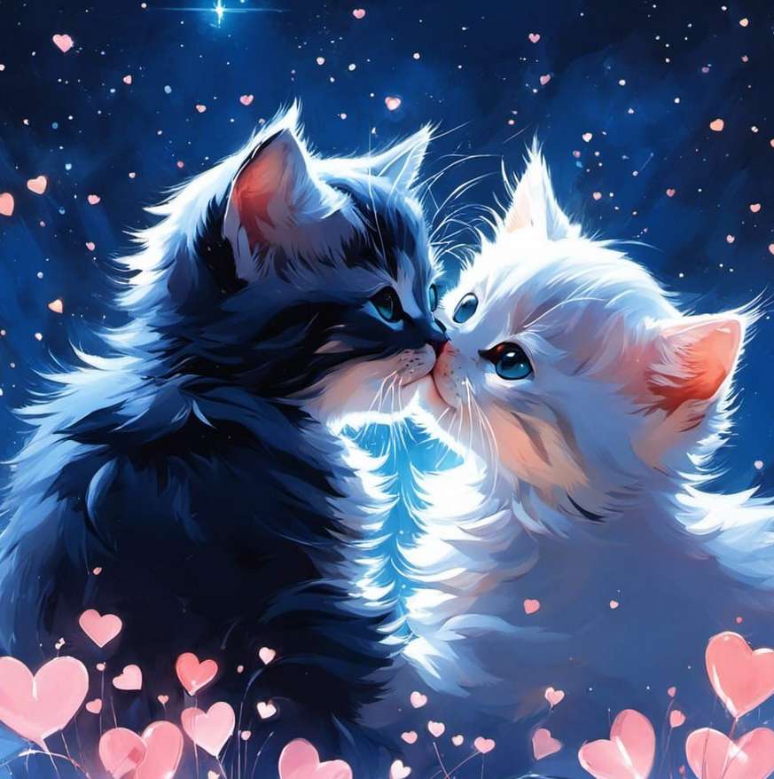 сладки, любящи котенца и сърца онлайн пъзел