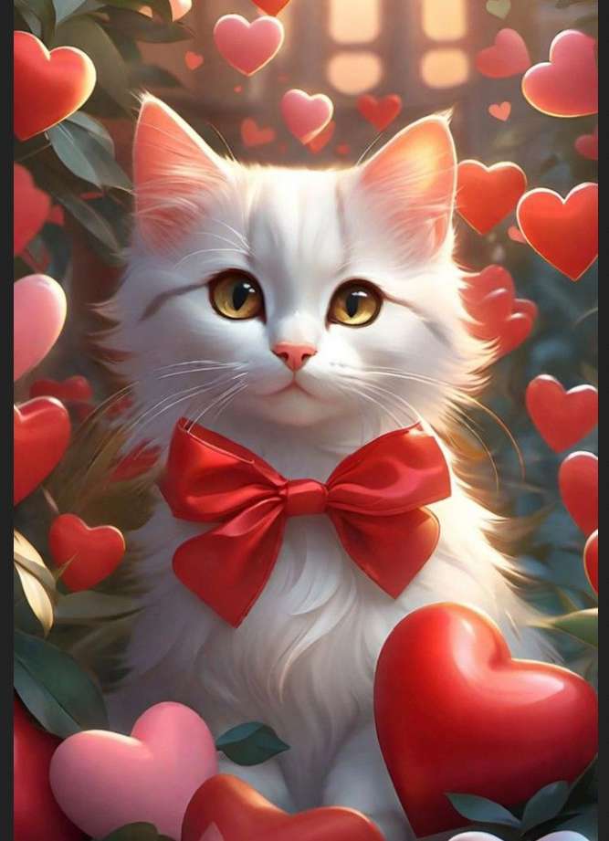 χαριτωμένη γάτα με φιόγκο και καρδιές online παζλ