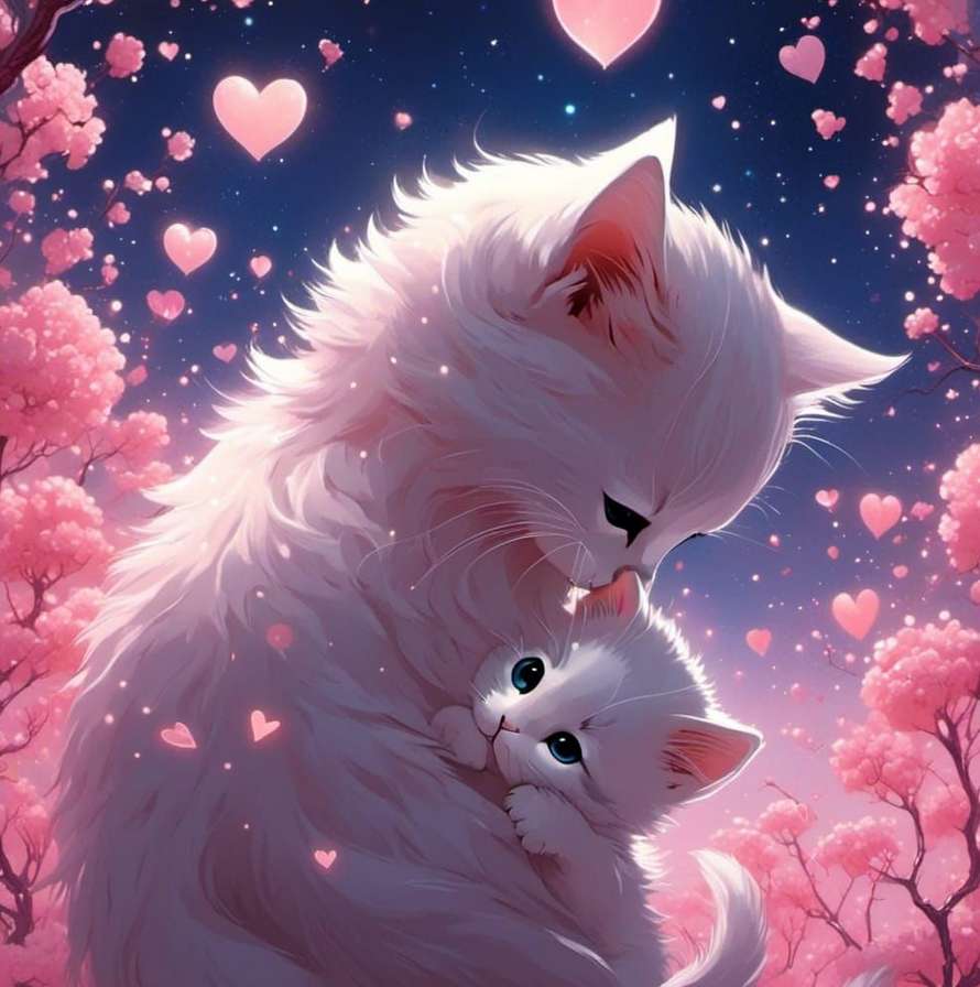 aranyos két macska átölelve, szívek online puzzle