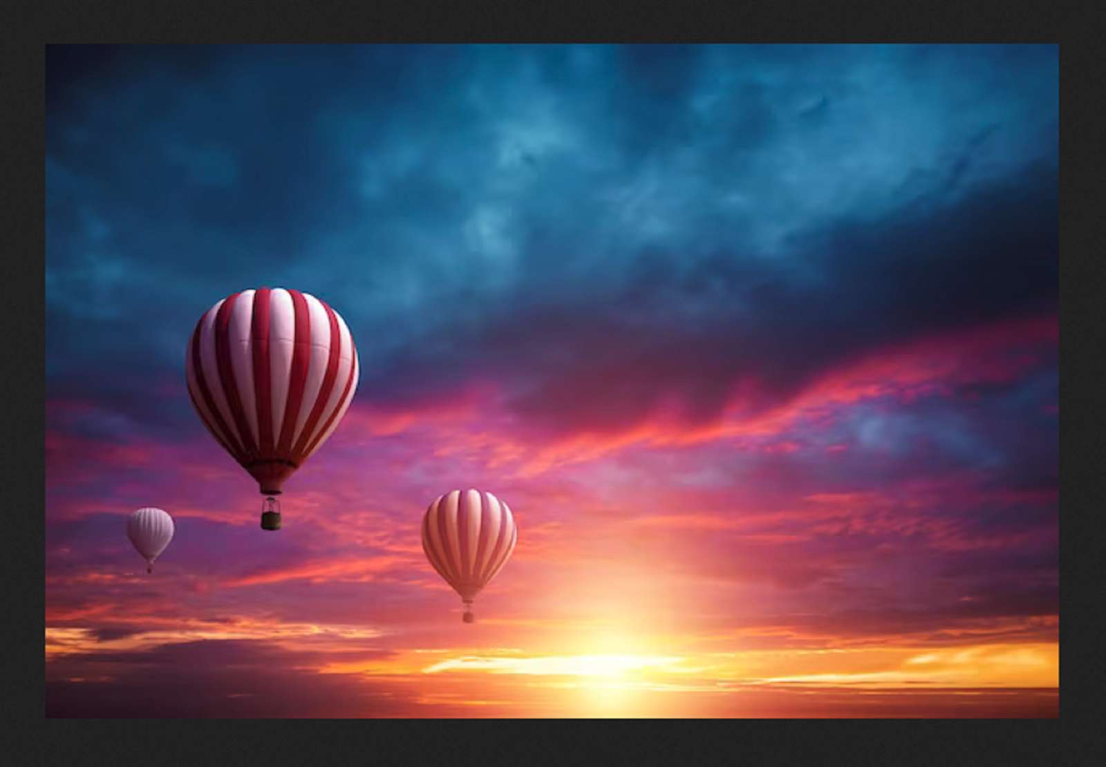 μπαλόνια στον πολύχρωμο ουρανό, που δύει τον ήλιο online παζλ