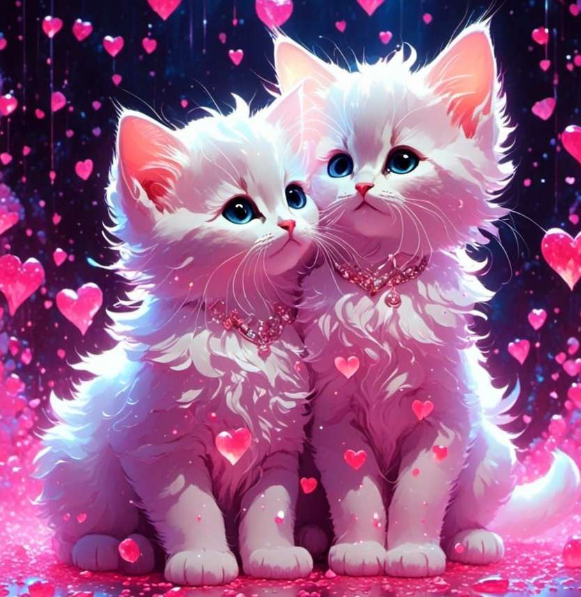 roztomilá bílá koťátka v lásce a srdcích skládačky online