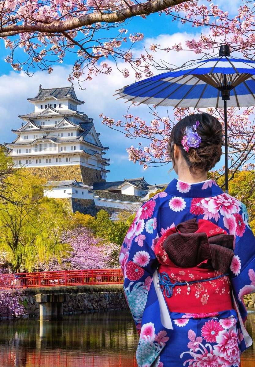 日本の城を背景にした芸者 オンラインパズル