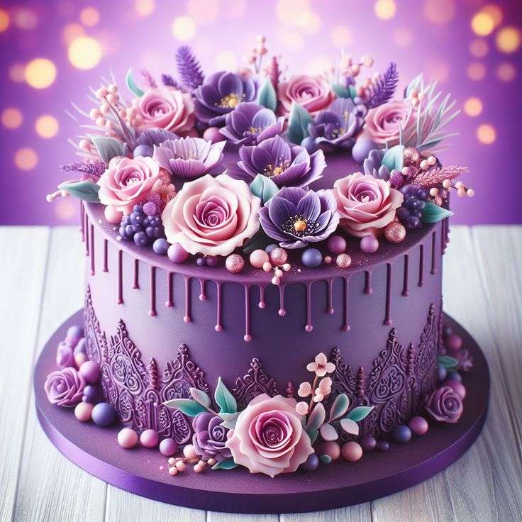 Una bellissima torta viola con fiori puzzle online